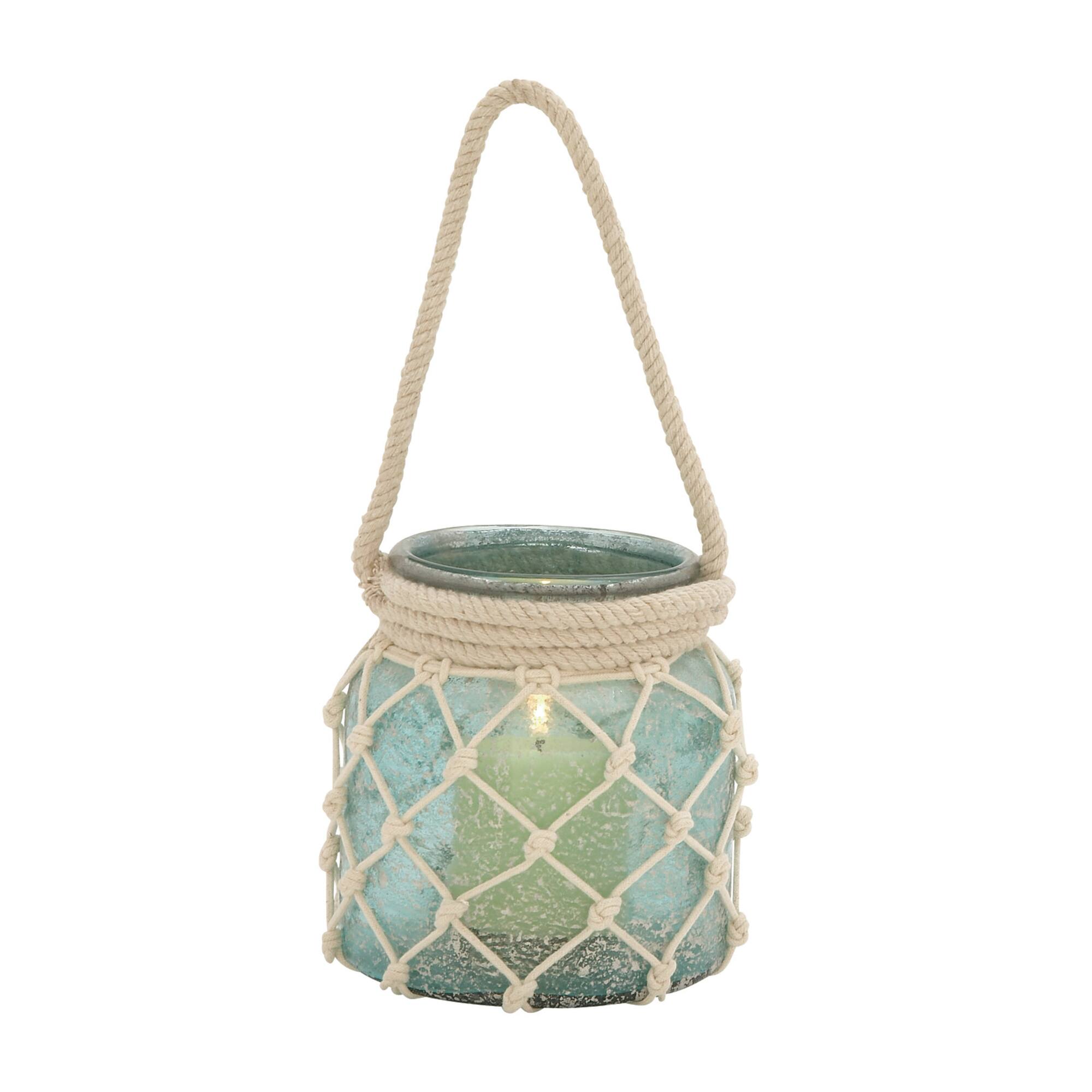 Aquamarine Glass Coastal Candle Holder Lantern, 15" x 7" x 7"